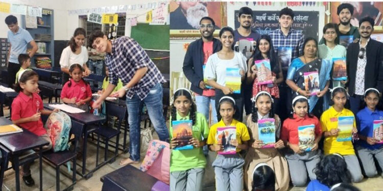 Distribution of educational materials by Rotaract Club of Pune Baner and various collaborating Rotaract clubs at Sishu Vihar Primary School of Pune University Branch
